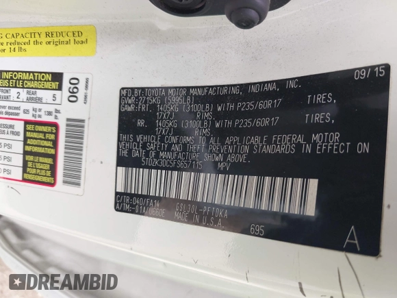 2015 Toyota Sienna L with VIN 5TDZK3DC5FS657115, listed as a IAAI auction lot 42109678 with 176,995 mi miles. Bid and sale history available at carsss.com. Image 9.