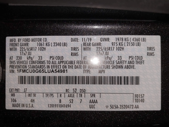 2020 Ford Escape SE with VIN 1FMCU0G65LUA54981, listed as a IAAI auction lot 41997901 with 83,475 mi miles and . Bid and sale history available at carsss.com. Image 9.