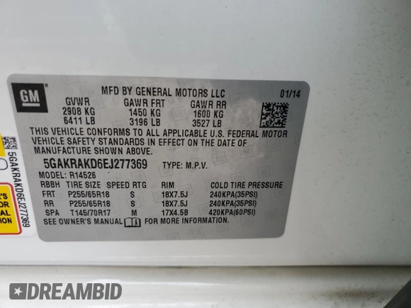 2014 Buick Enclave Convenience with VIN 5GAKRAKD6EJ277369, listed as a Copart auction lot 85307794 with 117,858 mi miles and Salvage Title. Bid and sale history available at carsss.com. Image 14.