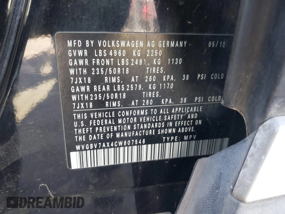 2012 Volkswagen Tiguan S with VIN WVGBV7AX4CW607546, listed as a IAAI auction lot 41295646 with 115,670 mi miles and . Bid and sale history available at DreamBid. Image 9.