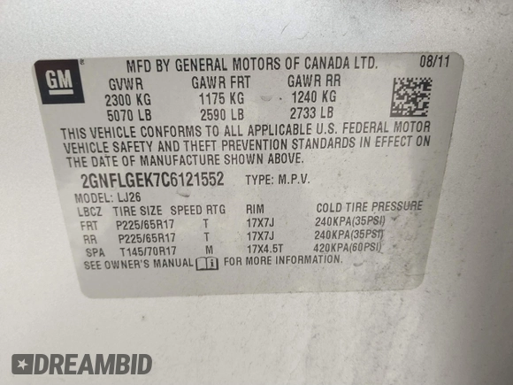 2012 Chevrolet Equinox LTZ with VIN 2GNFLGEK7C6121552, listed as a IAAI auction lot 41644345 with 203,702 mi miles. Bid and sale history available at carsss.com. Image 9.