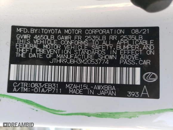 2021 Lexus UX with VIN JTHR9JBH3M2053774, listed as a Copart auction lot 44248563 with 35,833 mi miles. Bid and sale history available at carsss.com. Image 14.