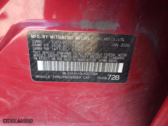 2020 Mitsubishi Mirage ES with VIN ML32A3HJ9LH007364, listed as a Copart auction lot 48589865 with 54,535 mi miles and Salvage Title. Bid and sale history available at carsss.com. Image 13.