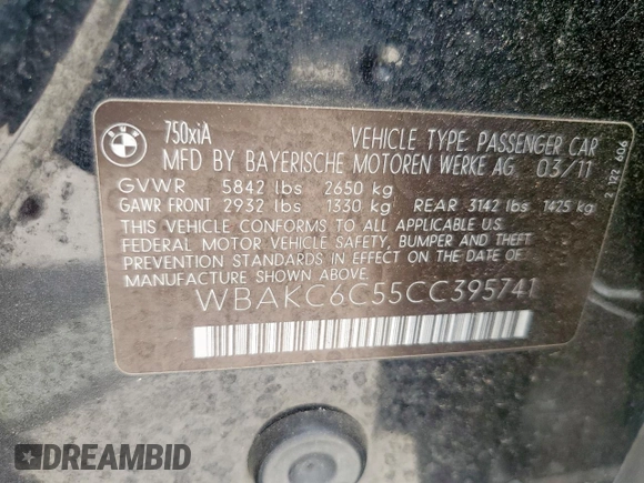 2012 BMW 7 Series 750i xDrive с VIN WBAKC6C55CC395741, выставлен на аукционе Copart как лот 54731405 с пробегом 166 193 миль миль и Чистый • Clean title. История ставок и продаж доступна на DreamBid. Изображение 12.