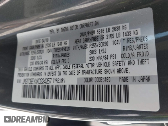 2019 Mazda CX-9 Signature with VIN JM3TCBEYXK0324257, listed as a IAAI auction lot 41986590 with Not provided miles and . Bid and sale history available at DreamBid. Image 9.