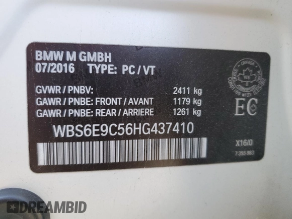 2017 BMW M6 with VIN WBS6E9C56HG437410, listed as a Copart auction lot 80217694 with 68,335 mi miles and Salvage title. Bid and sale history available at DreamBid. Image 13.