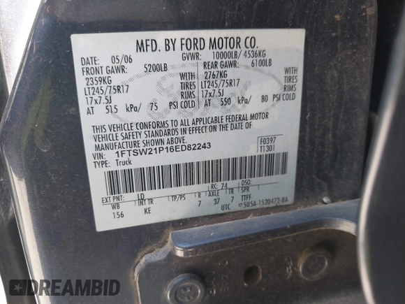 2006 Ford F-250 XL with VIN 1FTSW21P16ED82243, listed as a IAAI auction lot 42674637 with 153,467 mi miles and . Bid and sale history available at DreamBid. Image 9.