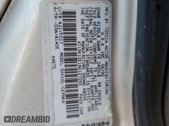 1992 Toyota Camry LE with VIN 4T1SK12E1NU127255, listed as a Copart auction lot 75554584 with 385,507 mi miles and Salvage Title. Bid and sale history available at carsss.com. Image 12.