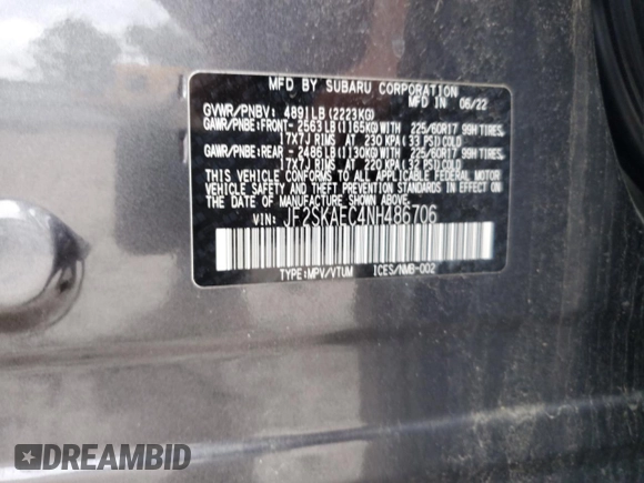 2022 Subaru Forester Premium with VIN JF2SKAEC4NH486706, listed as a Copart auction lot 61843155 with 27,161 mi miles and Salvage title. Bid and sale history available at DreamBid. Image 12.