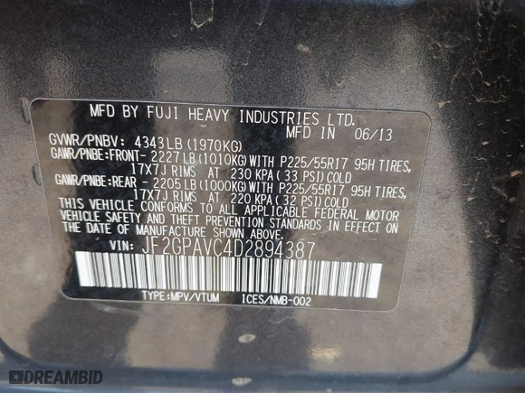 2013 Subaru XV Crosstrek Premium with VIN JF2GPAVC4D2894387, listed as a IAAI auction lot 41877066 with 231,266 mi miles. Bid and sale history available at carsss.com. Image 9.