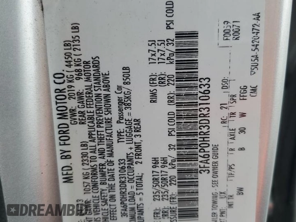 2013 Ford Fusion SE with VIN 3FA6P0HR3DR310633, listed as a Copart auction lot 52946725 with 105,056 mi miles and Salvage title. Bid and sale history available at DreamBid. Image 14.