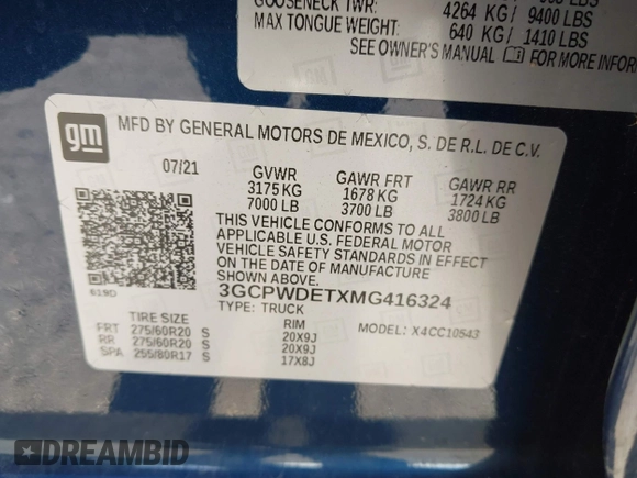 2021 Chevrolet Silverado 1500 RST with VIN 3GCPWDETXMG416324, listed as a IAAI auction lot 42035098 with 62,771 mi miles and . Bid and sale history available at DreamBid. Image 9.