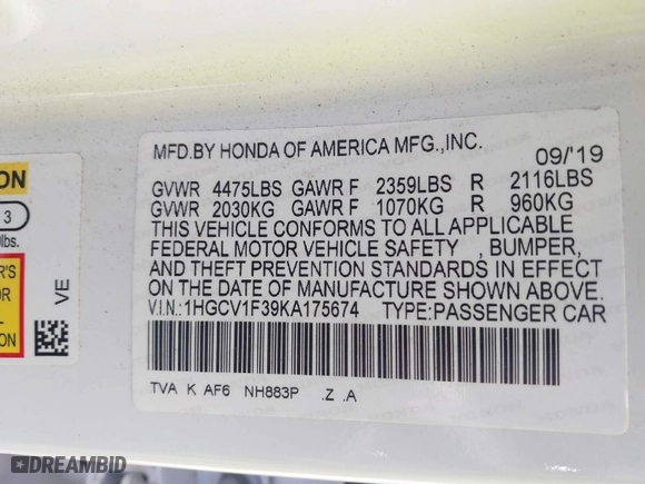2019 Honda Accord Sedan Sport 1.5T with VIN 1HGCV1F39KA175674, listed as a IAAI auction lot 41783002 with 76,076 mi miles. Bid and sale history available at carsss.com. Image 9.