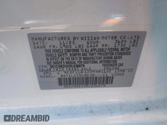 2024 Nissan Versa S with VIN 3N1CN8DVXRL836078, listed as a IAAI auction lot 41775680 with 18,093 mi miles and . Bid and sale history available at DreamBid. Image 9.