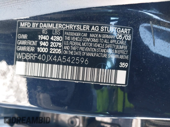 2004 Mercedes-Benz C 230 Kompressor with VIN WDBRF40JX4A542596, listed as a IAAI auction lot 41366025 with 89,303 mi miles and . Bid and sale history available at DreamBid. Image 9.