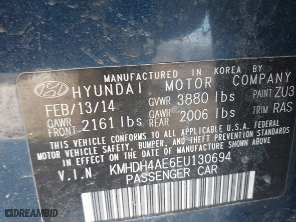2014 Hyundai Elantra SE with VIN KMHDH4AE6EU130694, listed as a IAAI auction lot 41696190 with 121,588 mi miles. Bid and sale history available at carsss.com. Image 9.