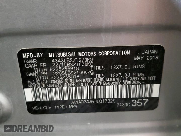 2018 Mitsubishi Outlander SE z VIN JA4AR3AW5JU017329, wystawiony jako Copart lot #54072085 z przebiegiem 77 154 mil mil oraz Szkoda całkowita • Salvage title. Historia ofert i sprzedaży dostępna na DreamBid. Obrazek 13.