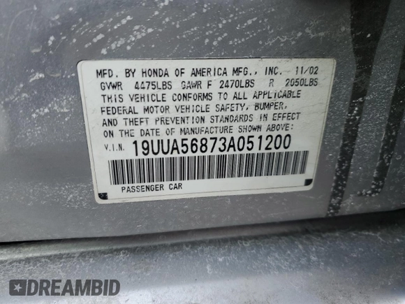 2003 Acura TL Type S with VIN 19UUA56873A051200, listed as a Copart auction lot 41749465 with 154,443 mi miles and Salvage Title. Bid and sale history available at carsss.com. Image 12.