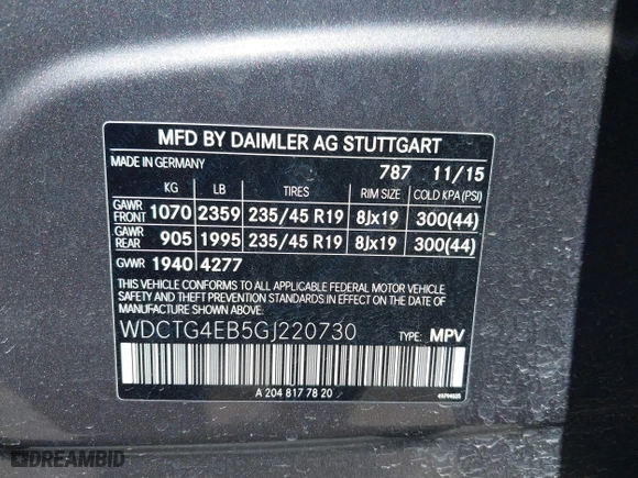2016 Mercedes-Benz GLA with VIN WDCTG4EB5GJ220730, listed as a IAAI auction lot 41825251 with 100,594 mi miles. Bid and sale history available at carsss.com. Image 9.