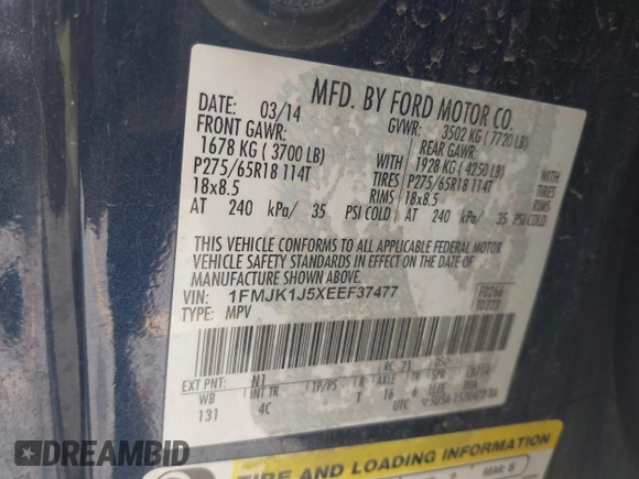 2014 Ford Expedition Max XLT с VIN 1FMJK1J5XEEF37477, выставлен на аукционе IAAI как лот 42178879 с пробегом 166 067 миль миль и . История ставок и продаж доступна на DreamBid. Изображение 9.