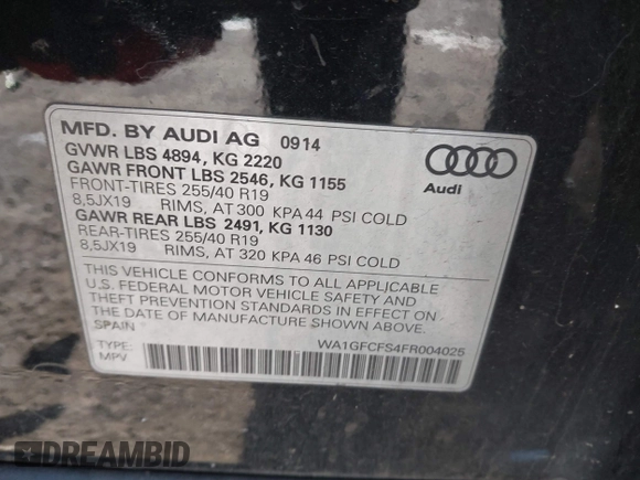 2015 Audi Q3 Prestige with VIN WA1GFCFS4FR004025, listed as a IAAI auction lot 41286031 with 103,132 mi miles and . Bid and sale history available at DreamBid. Image 9.