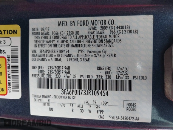 2018 Ford Fusion SE with VIN 3FA6P0H73JR109454, listed as a IAAI auction lot 42438366 with 105,802 mi miles and . Bid and sale history available at DreamBid. Image 9.
