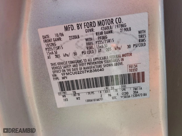 2007 Ford Escape XLS with VIN 1FMCU02Z07KB36040, listed as a Copart auction lot 74043354 with 0 mi miles and Salvage Title. Bid and sale history available at carsss.com. Image 14.