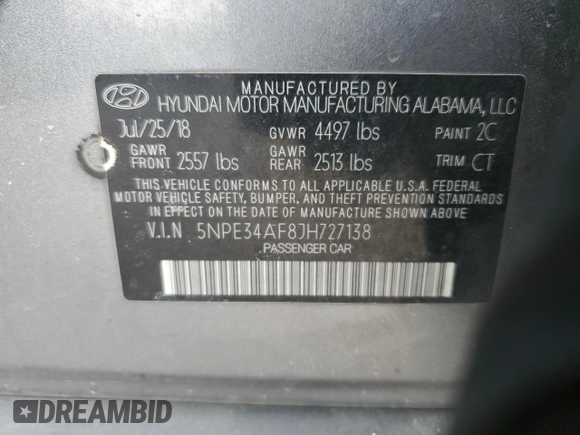 2018 Hyundai Sonata SEL with VIN 5NPE34AF8JH727138, listed as a Copart auction lot 48195065 with 136,278 mi miles and Salvage Title. Bid and sale history available at DreamBid. Image 12.