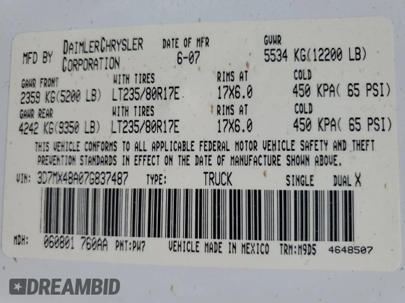 2007 Dodge 3500 SLT with VIN 3D7MX48A07G837487, listed as a Copart auction lot 59964425 with 157,811 mi miles and Salvage title. Bid and sale history available at DreamBid. Image 13.