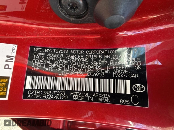 2020 Toyota Corolla SE with VIN JTDP4RCE8LJ006903, listed as a Copart auction lot 54253695 with 44,529 mi miles and Salvage Title. Bid and sale history available at carsss.com. Image 10.