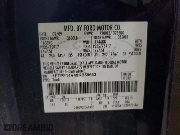 2009 Ford F-150 with VIN 1FTPF14V49KB59663, listed as a Copart auction lot 60254625 with 34,342 mi miles and Clean title. Bid and sale history available at DreamBid. Image 12.