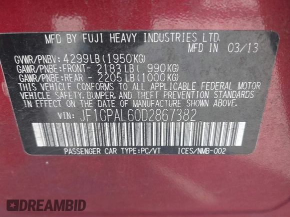 2013 Subaru Impreza Special Sports Premium с VIN JF1GPAL60D2867382, выставлен на аукционе IAAI как лот 42301012 с пробегом 164 303 миль миль и . История ставок и продаж доступна на DreamBid. Изображение 9.