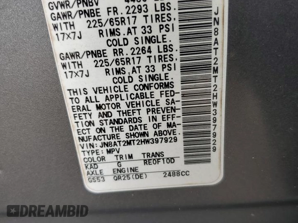 2017 Nissan Rogue SV with VIN JN8AT2MT2HW397929, listed as a Copart auction lot 63977555 with 84,059 mi miles and Salvage title. Bid and sale history available at DreamBid. Image 12.