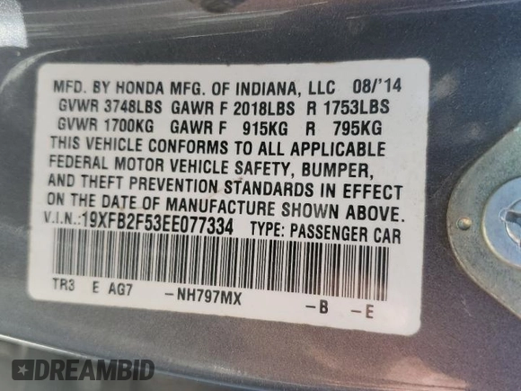 2014 Honda Civic Sedan LX with VIN 19XFB2F53EE077334, listed as a Copart auction lot 50168505 with 240,017 mi miles and Salvage Title. Bid and sale history available at carsss.com. Image 13.