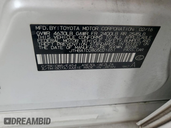 2016 Lexus IS 200t z VIN JTHBA1D28G5021651, wystawiony jako Copart lot #57100325 z przebiegiem 209 099 mil mil oraz Szkoda całkowita • Salvage title. Historia ofert i sprzedaży dostępna na DreamBid. Obrazek 12.