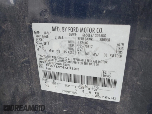 2008 Ford F-150 XL with VIN 1FTRF12238KB73263, listed as a IAAI auction lot 41716187 with Not Provided miles. Bid and sale history available at carsss.com. Image 9.