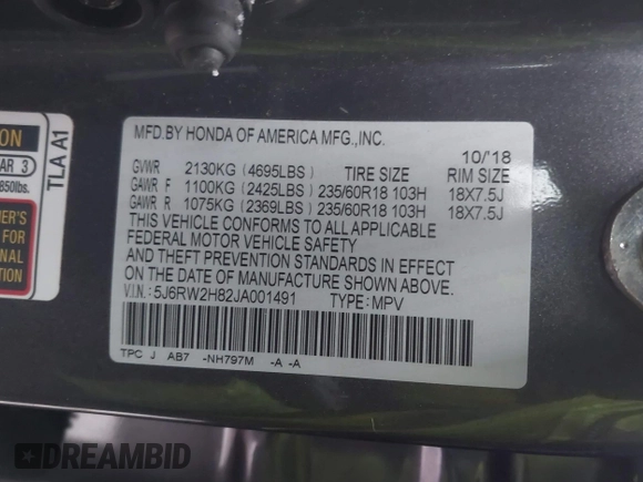 2018 Honda CR-V EX-L with VIN 5J6RW2H82JA001491, listed as a IAAI auction lot 41139160 with 71,928 mi miles. Bid and sale history available at carsss.com. Image 9.