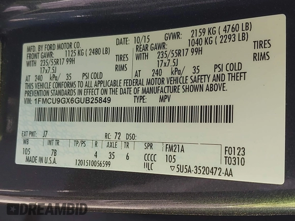 2016 Ford Escape SE with VIN 1FMCU9GX6GUB25849, listed as a IAAI auction lot 42087346 with 189,909 mi miles. Bid and sale history available at carsss.com. Image 9.