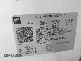 2022 GMC Acadia SLE с VIN 1GKKNKL48NZ181456, выставлен на аукционе IAAI как лот 42138525 с пробегом 68 355 миль миль и . История ставок и продаж доступна на DreamBid. Изображение 9.