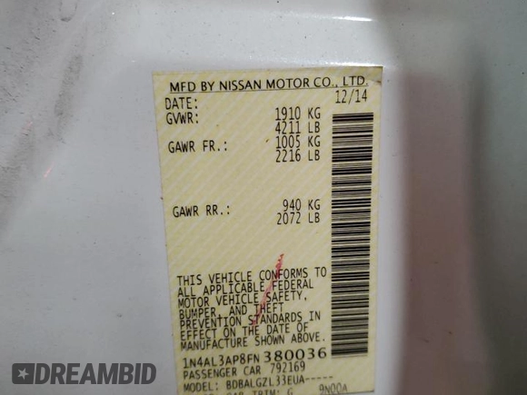 2015 Nissan Altima 2.5 S with VIN 1N4AL3AP8FN380036, listed as a Copart auction lot 50426415 with 106,571 mi miles and Salvage Title. Bid and sale history available at carsss.com. Image 13.