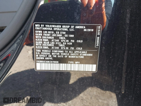 2019 Volkswagen Atlas SEL R-Line z VIN 1V2RR2CA0KC579035, wystawiony jako IAAI lot #42205407 z przebiegiem 66 188 mil mil oraz . Historia ofert i sprzedaży dostępna na DreamBid. Obrazek 9.