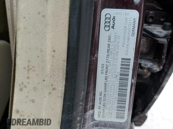 2004 Audi A6 z VIN WAUML54B04N013211, wystawiony jako Copart lot #74279954 z przebiegiem Nie podano mil oraz Szkoda całkowita • Salvage title. Historia ofert i sprzedaży dostępna na DreamBid. Obrazek 13.