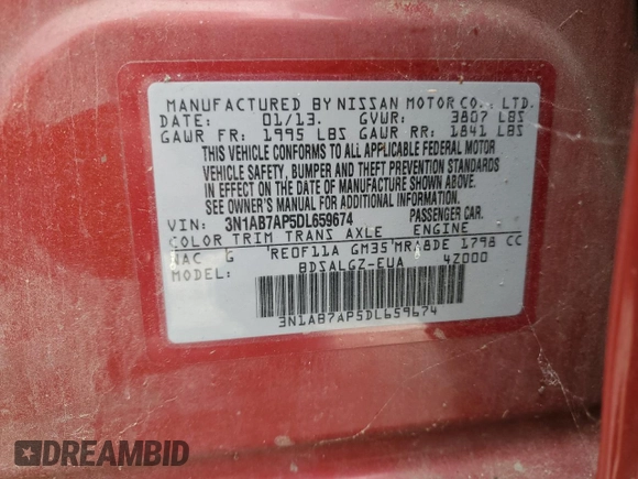 2013 Nissan Sentra SR with VIN 3N1AB7AP5DL659674, listed as a Copart auction lot 55461255 with Not Provided miles and Clean Title. Bid and sale history available at DreamBid. Image 12.