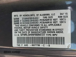 2015 Honda Odyssey Touring Elite with VIN 5FNRL5H99FB094727, listed as a IAAI auction lot 42001288 with 254,015 mi miles and . Bid and sale history available at DreamBid. Image 9.