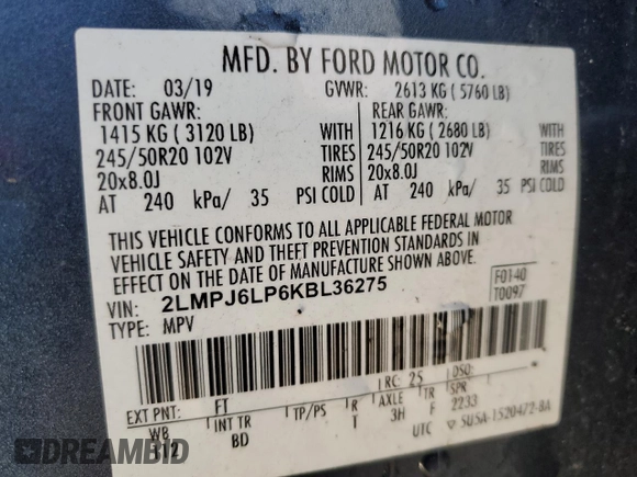 2019 Lincoln Nautilus Reserve with VIN 2LMPJ6LP6KBL36275, listed as a Copart auction lot 44921115 with Not provided miles and Non repairable. Bid and sale history available at DreamBid. Image 13.