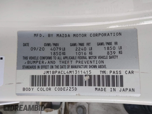 2021 Mazda 3 Preferred with VIN JM1BPACL4M1311415, listed as a IAAI auction lot 42490995 with 38,015 mi miles and . Bid and sale history available at DreamBid. Image 9.