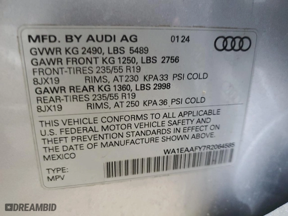 2024 Audi Q5 S line Premium Plus with VIN WA1EAAFY7R2064585, listed as a Copart auction lot 46471105 with 20,976 mi miles and Salvage Title. Bid and sale history available at carsss.com. Image 13.
