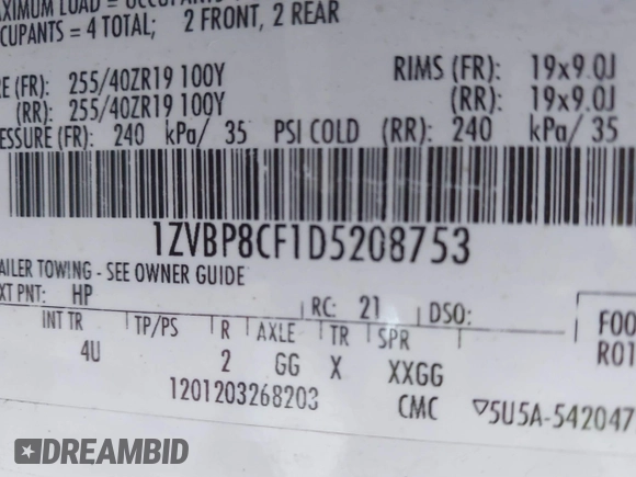2013 Ford Mustang GT with VIN 1ZVBP8CF1D5208753, listed as a IAAI auction lot 41754011 with 158,809 mi miles and . Bid and sale history available at DreamBid. Image 9.