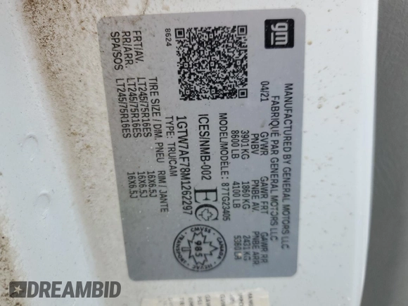 2021 GMC Savana Cargo z VIN 1GTW7AF78M1262297, wystawiony jako Copart lot #41510995 z przebiegiem Nie podano mil oraz Szkoda całkowita • Salvage title. Historia ofert i sprzedaży dostępna na DreamBid. Obrazek 13.