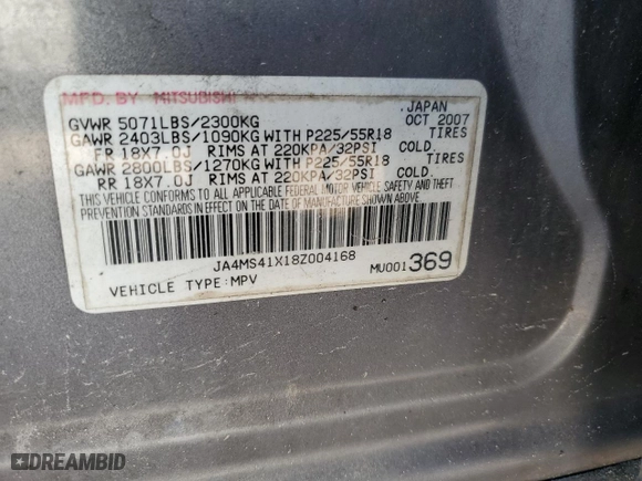2008 Mitsubishi Outlander XLS with VIN JA4MS41X18Z004168, listed as a Copart auction lot 43975245 with 0 mi miles and Salvage Title. Bid and sale history available at carsss.com. Image 14.